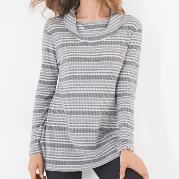 Chicos Zenergy Women SZ 2 US 12/14 Gray Striped Ribbed Cozy Cowl-Neck Tunic - Picture 1 of 9